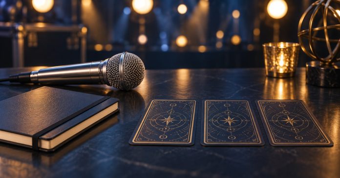 Conceptual still life of a microphone, notebook and three face-down cards.