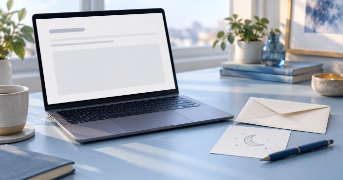 Preparing a clear written dream question A laptop with a simple blank message layout beside an envelope and a small moon illustration on paper.