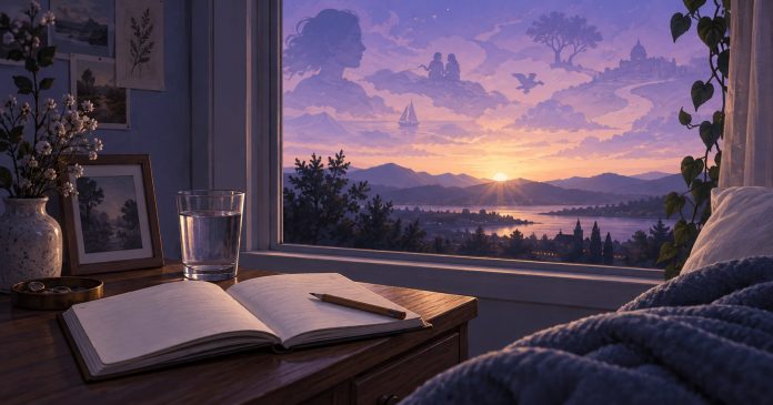 Dream Facts: Sleep, Memory and Common Myths A bedside journal and a softly lit bedroom represent recording dreams after waking.