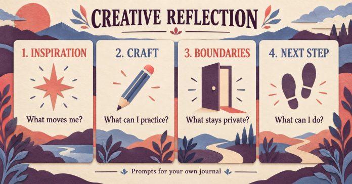Four-card creative reflection prompts Four reflection cards: Inspiration—What moves me? Craft—What can I practice? Boundaries—What stays private? Next step—What can I do?