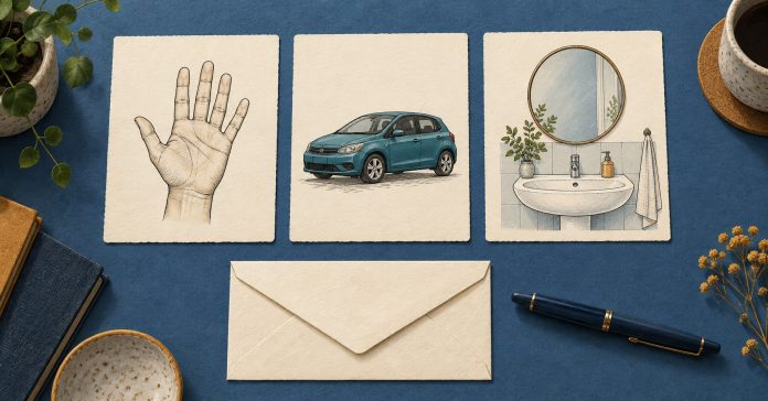 Three dream images for a written reflection Three illustrated note cards show a hand, a parked car and a washbasin beside an envelope.