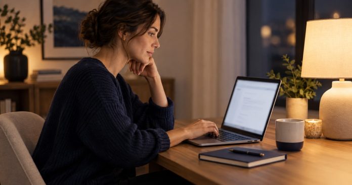 Woman reviewing a concise email at a private desk before sharing personal information.