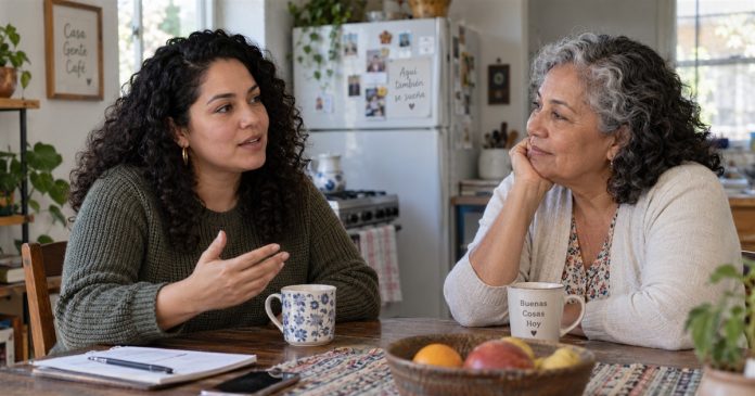 Adult daughter and mother having a supportive conversation at home.