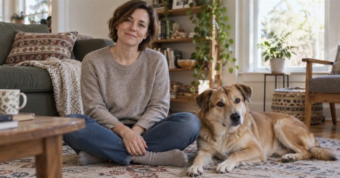 Reading a Dog’s Paw: Make-Believe, Gentle Handling and Real Health Concerns Woman sitting beside a relaxed dog whose paws rest naturally on the rug.