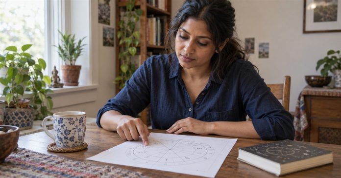 The Twelfth House in Astrology: Privacy, Retreat and Optional Reflection Woman studying a printed astrology chart as a reflection exercise at home.