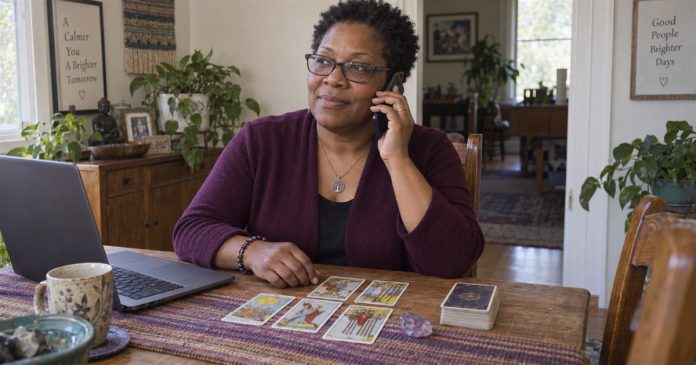 Professional Psychic Phone and Email Readings: What to Expect and What to Check Reader speaking on the phone at home with an open laptop and tarot cards on the table.