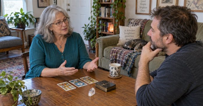 Spiritual Advisor Titles Explained: Psychic, Intuitive, Empath, Channel and Medium Reader and adult client discussing service scope at a modest home table with tarot cards.