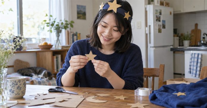 Halloween Costumes by Zodiac Sign: Twelve Playful Ideas to Make Your Own Woman making a simple star-themed Halloween costume at her kitchen table.