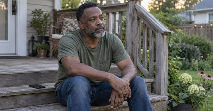Man taking a quiet pause on his backyard porch with his phone set aside.