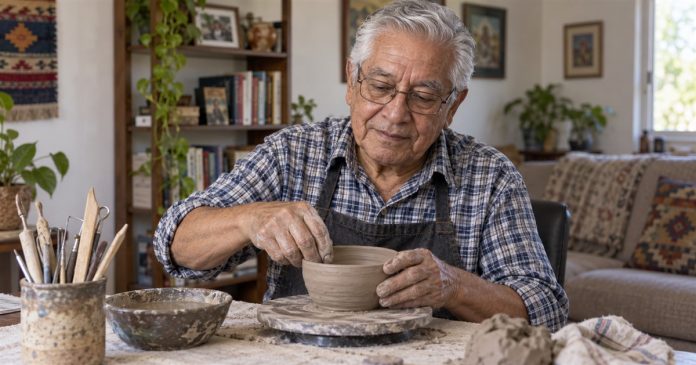 Older man shaping a clay bowl as a hobby at home.
