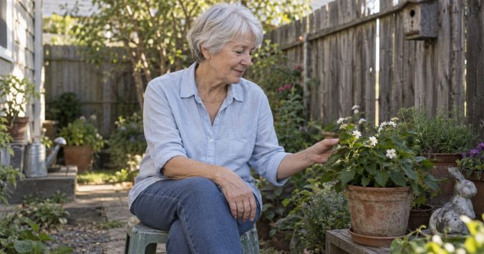 Older woman quietly noticing flowers in her modest backyard garden.