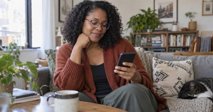 Woman browsing her phone at her own pace in a comfortable home setting.