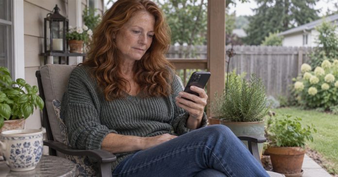 Woman reflecting on a written reply on her phone while sitting on a backyard porch.