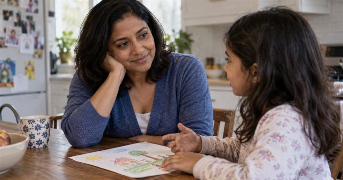 Psychic Readings and Parenting: Reflection, Privacy and Professional Support Parent attentively listening to a child describe a drawing at their home table.