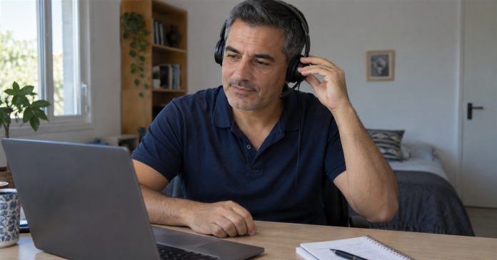 Man checking his headset beside an open laptop before a remote session at home.
