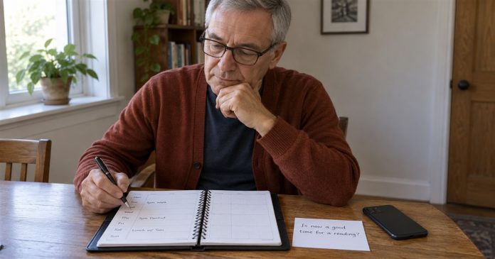 When Is the Best Time for a Psychic Reading? A Readiness Guide Man reviewing a planner and a short question before deciding whether to arrange a reading.