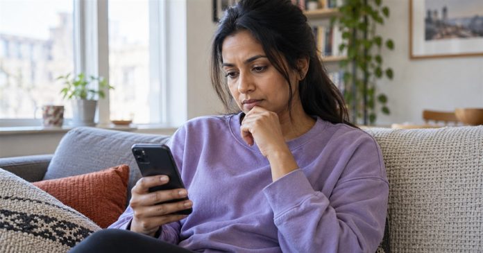 Psychic Reading Misconceptions: Fear, Predictions and Practical Risks Woman thoughtfully reviewing a message on her smartphone while seated on her home sofa.