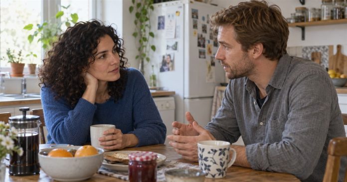 Relationship Signs: Intuition, Coincidences and Behavior Worth Checking Two adults discussing their relationship at an ordinary home breakfast table.