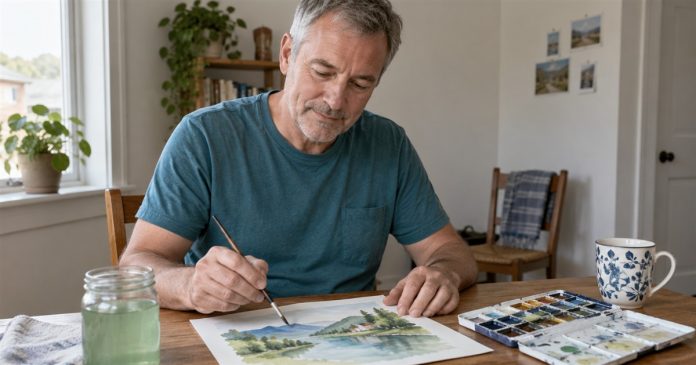 Starting a Hobby: A Low-Pressure Guide to Trying Something New Man enjoying watercolor painting at a small table in his home.