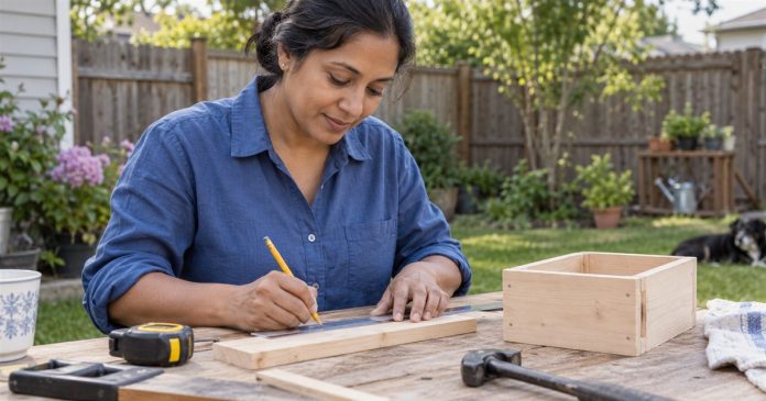 Woman measuring wood for a small beginner project at a backyard work table.