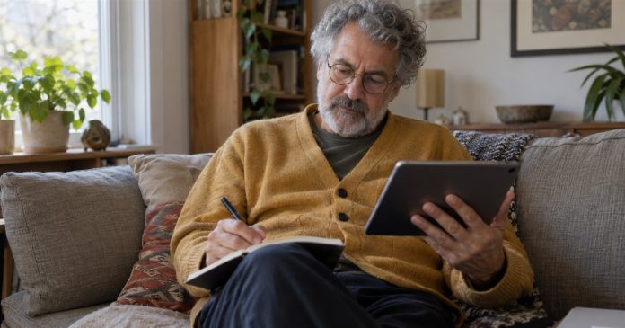Understanding an Email Psychic Reply: Personalization, Scripts and Reflection Man reviewing a written reply on a tablet and making notes while seated on his home sofa.