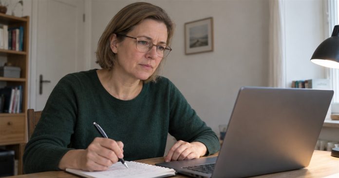 Woman thoughtfully reviewing an online reading offer and taking notes at a home desk.
