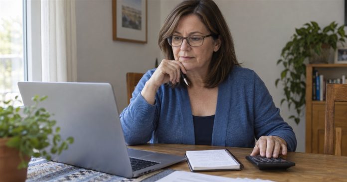 Woman considering an email-reading offer with a laptop, notebook and calculator at home.