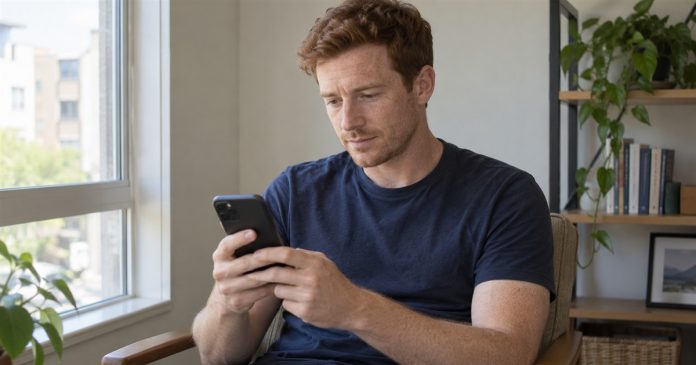 Man reviewing a photo on his smartphone before sharing it, seated beside a window at home.