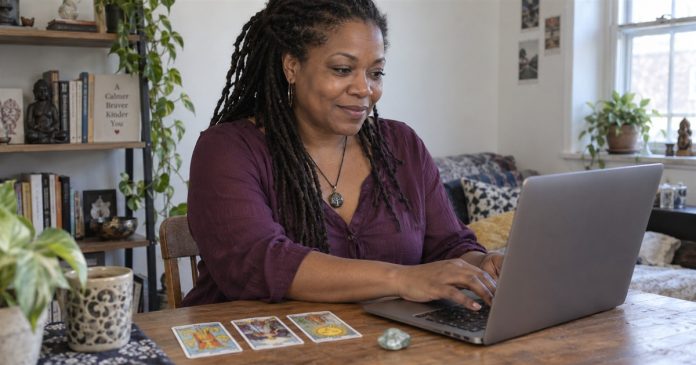 Woman composing an email reading on an open laptop beside printed tarot cards at home.