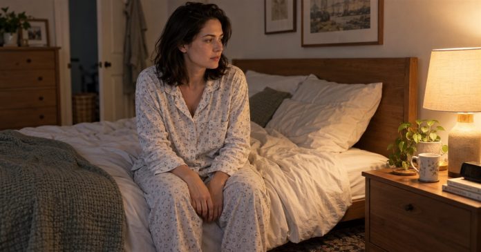 Seeing Shadow Figures: Sleep Experiences, Support and When to Get Help Woman sitting awake on the edge of her bed in a softly lit ordinary bedroom.