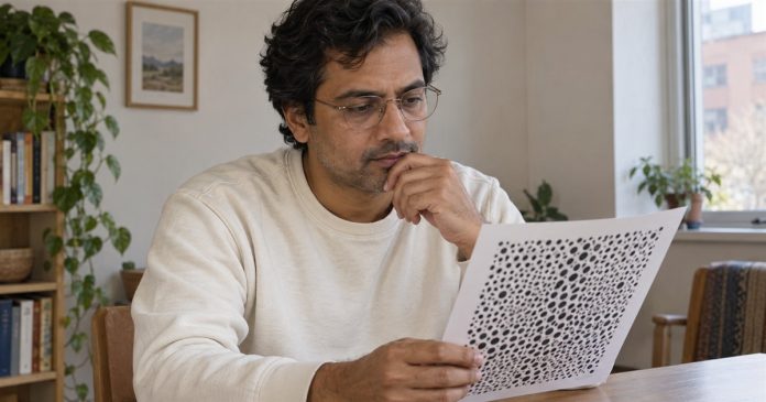 Man examining a printed abstract dotted pattern at a home table.