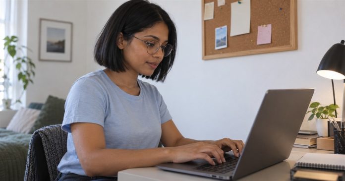 Computer-Based Automatic Writing: Reflection, Privacy and Clear Limits Woman typing a private reflection on a laptop at a small home desk.