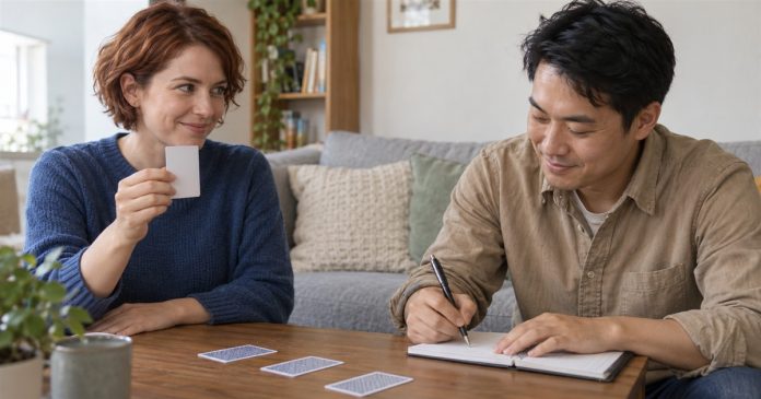 Telepathy Claims: A Ten-Step Guessing Activity With Clear Limits Two adults doing a card-guessing activity and recording guesses at a home coffee table.