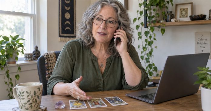 Remote Psychic Readings: Email, Phone, Chat and Video Compared Woman giving a phone reading beside printed tarot cards and an open laptop at a modest home desk.