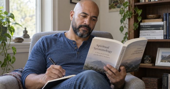Psychic Abilities and the Clairs: Terms, Impressions and Clear Limits Man studying spiritual terminology and making notes in a modest home reading nook.