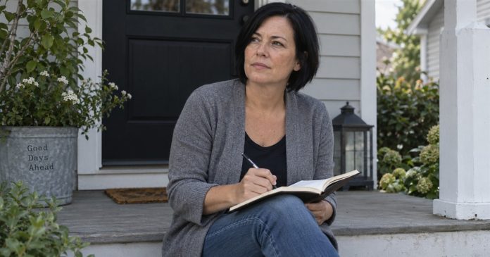Woman writing a personal boundary in a journal while seated on her porch steps.