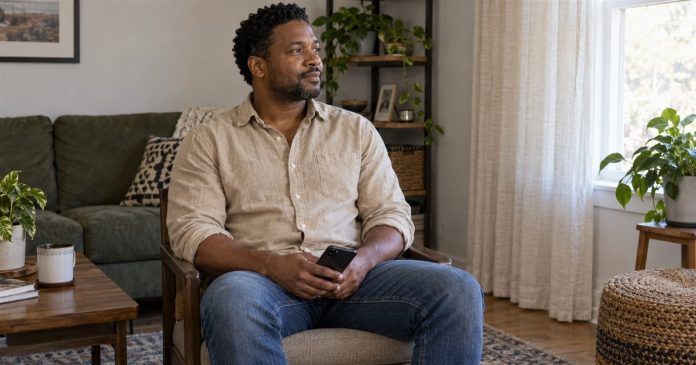 Psychic Grounding and Protection: A Reading-Session Boundary Plan Man pausing quietly with a smartphone in a simple chair at home before a remote reading.
