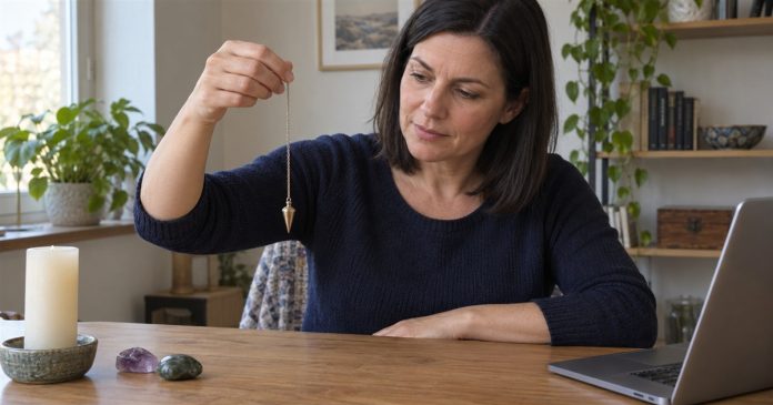 Six Tools for Psychic Practice: Optional Uses, Evidence and Safety Woman holding a simple pendulum beside an open laptop and small stones at a home desk.