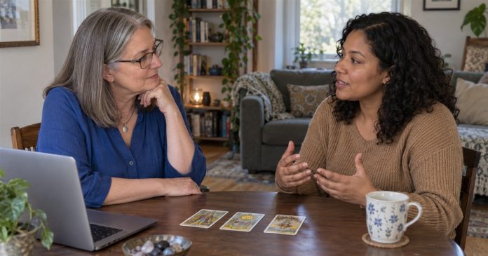 Two women having a thoughtful conversation beside tarot cards and an open laptop in a modest home.