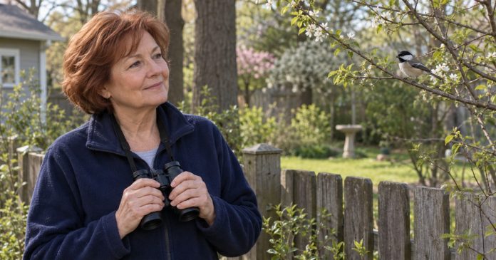 Bird Symbolism and Spirit Guides: Reflection Without Predictions Woman watching a small songbird from a garden fence with her binoculars lowered.