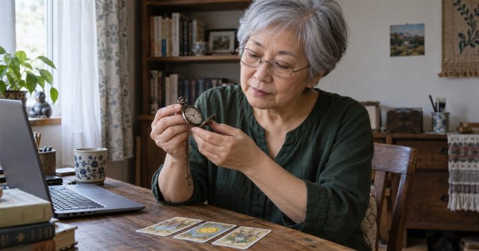 Understanding Psychometry: Object Readings, Evidence and Privacy Woman examining an old pocket watch beside printed tarot cards and an open laptop in her home.