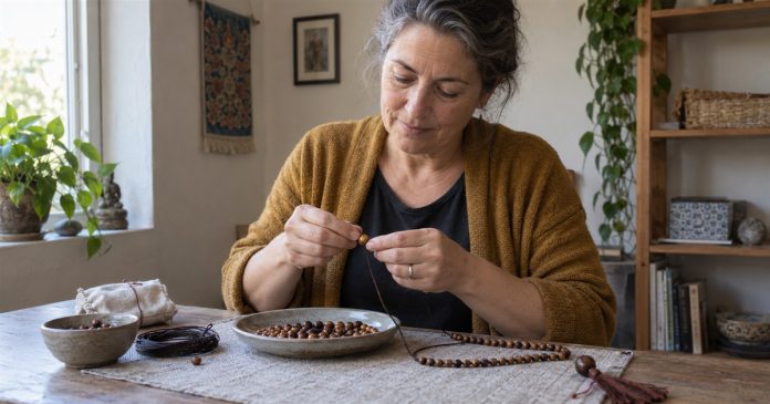 How to Make a Mala Necklace: Bead Count, Cord Tests and Simple Assembly Woman threading wooden beads onto cord at a small craft table at home.