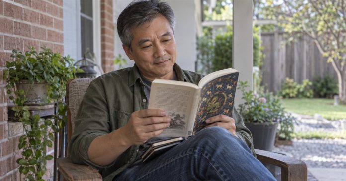 Zodiac Lucky Numbers: Symbolism, Different Systems and Practical Limits Man reading about zodiac symbolism and taking notes on his porch.