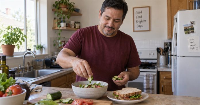 Diet and Psychic Claims: Nutrition, Detox Risks and Safer Boundaries Man preparing a simple salad and sandwich in an everyday home kitchen.