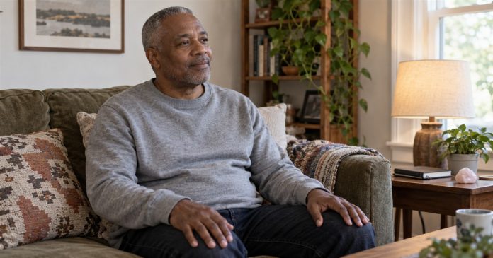 Chakra Clearing Practices: Reflection, Comfort and Health Boundaries Man taking a calm reflective pause on a sofa in his home.