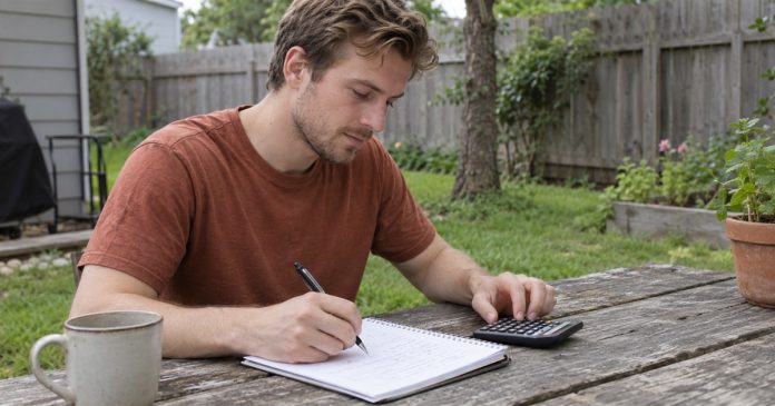 Calculating Your Soul Urge Number: Vowel Chart and Worked Examples Man using a notebook and calculator for a numerology exercise at a backyard table.