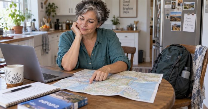 Zodiac Travel Ideas: Turn Inspiration Into a Practical Plan Woman planning a trip with a paper map, laptop and backpack at her home table.