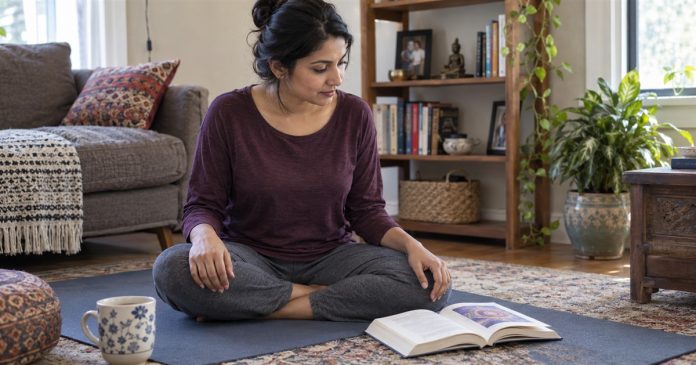 Chakras for Beginners: Seven-Chakra Symbolism and Practical Limits Woman studying a book about chakra symbolism while seated on a yoga mat at home.