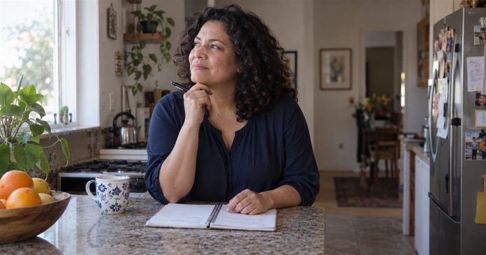 Using Your Intuition Each Day: Notice, Check and Review Woman pausing with a notebook while considering an everyday decision at her kitchen counter.
