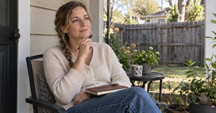 Ways to Talk to Your Guardian Angels: Prayer and Grounded Reflection Woman reflecting quietly with a journal and pen on a modest back porch.